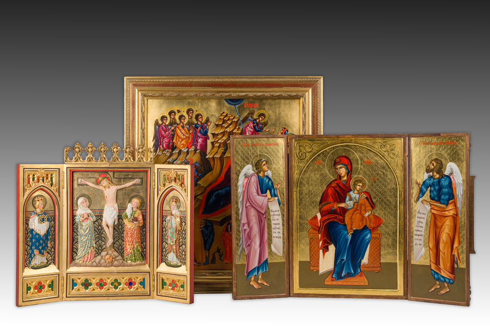 A Gothic Revival parcel-gilt Crucifixion triptych and two gilt-ground icons, 20th C.