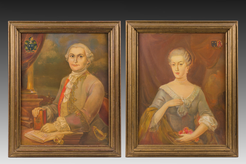 &Eacute;cole belge: Double portrait de Pieter-Philips van Hille et Marie-Caroline Cadock, huile sur toile, dat&eacute; 1785, 20&egrave;me si&egrave;cle