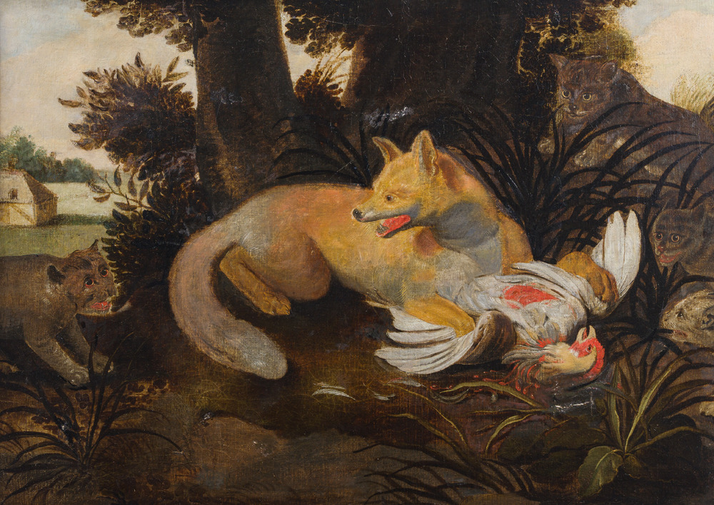European school, follower of Frans Snijders (1579-1657): A fox defends prey from wild cats, oil on canvas, early 18th C.