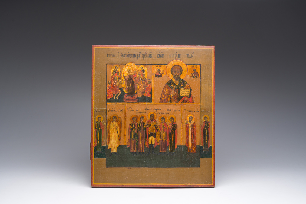 A Russian orthodox three field 'Saints' icon, most probably Palekh, 19th C.