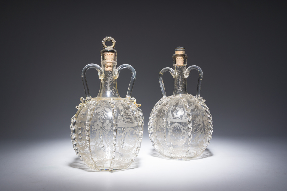 A pair of engraved glass flasks, probably Dutch, 18th/19th C.
