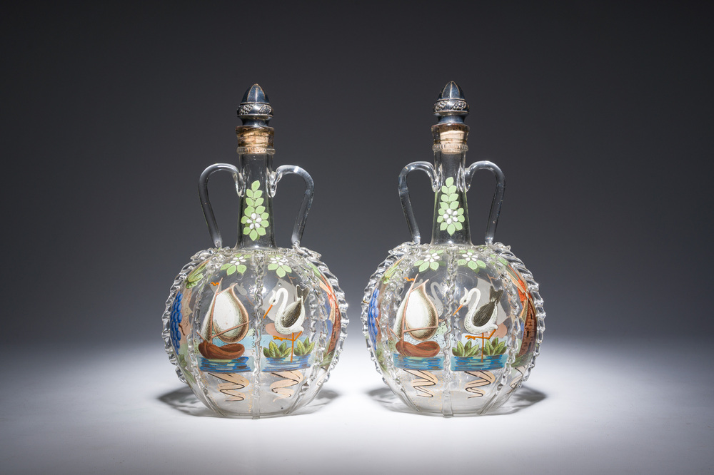 A pair of painted glass flasks, probably Dutch, 18th/19th C.