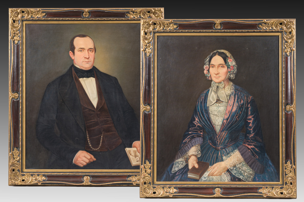 Ecole belge: Double portrait de Joos Gorik Borginon et Barbara Hendrica Lindemans, huile sur toile, 20&egrave;me si&egrave;cle