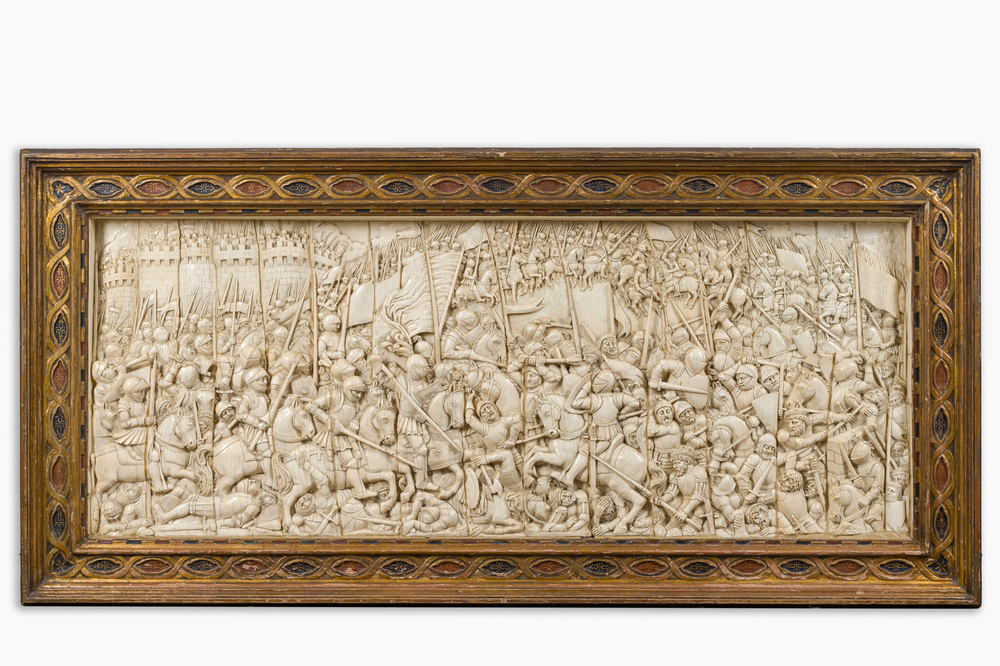 A museal and impressive carved ivory relief depicting a battle from the Hundred Years' War, probably Dieppe, 19th C.