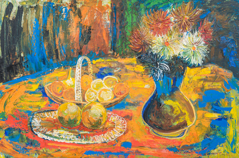 Etienne Le Compte (1931-2010): Still life with flowers and fruit, oil on canvas