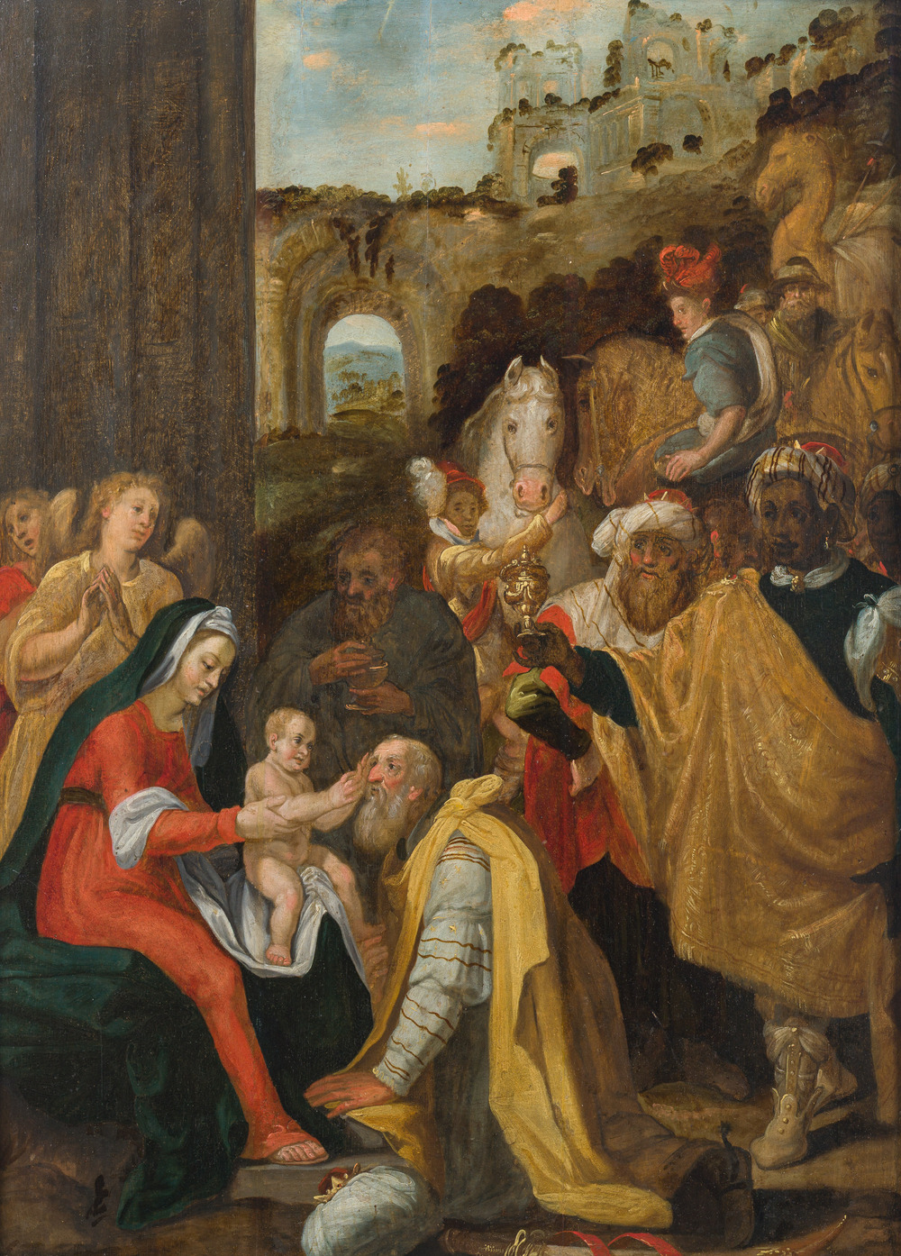 Prague school: The adoration of the magi, oil on panel, 17th C.
