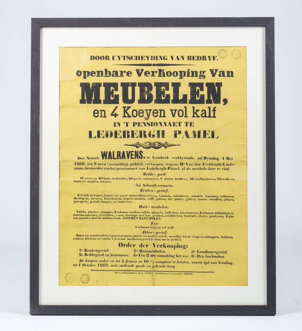 A sales poster for a sale of furniture, household goods and livestock at the boarding school Ledeberg-Pamel nearby Roosdaal, 1869