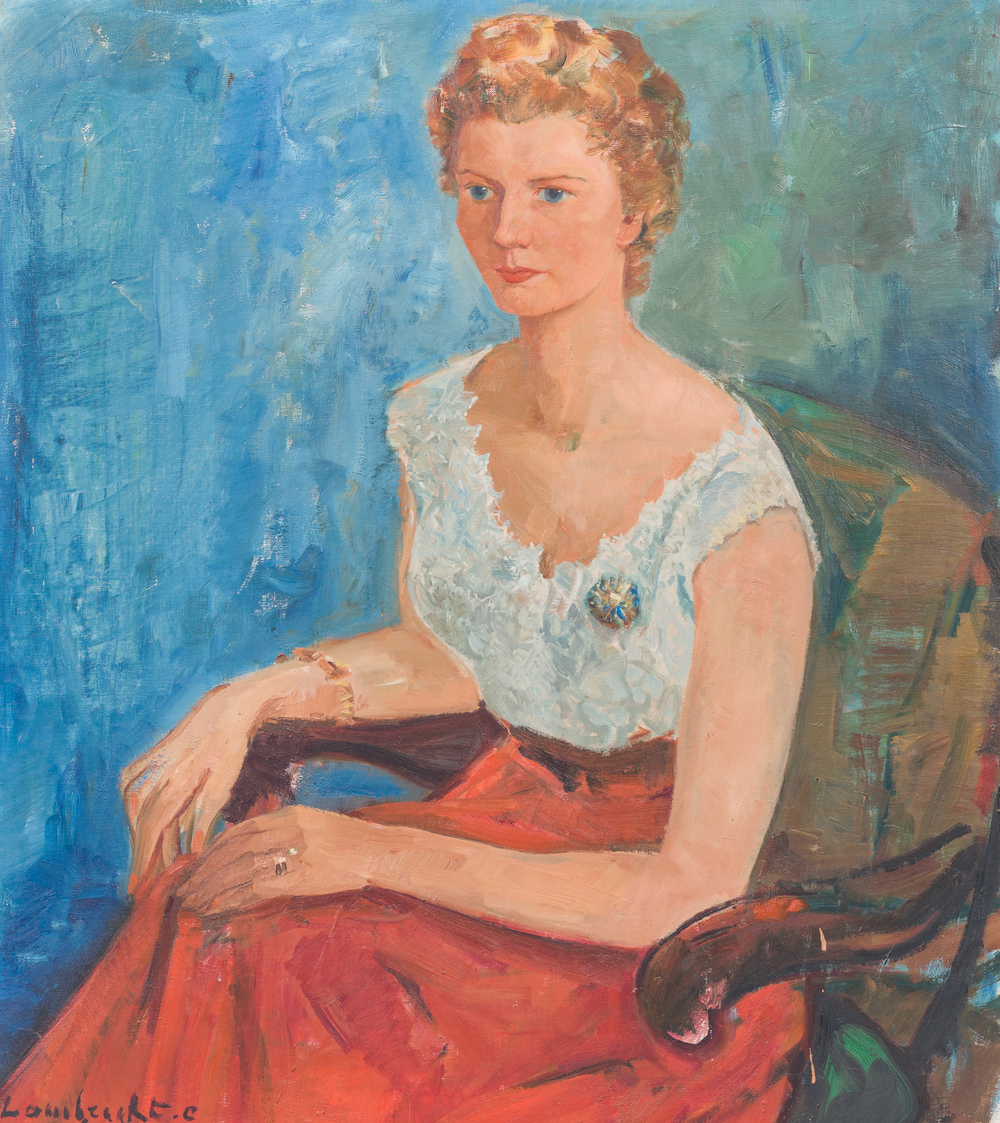 Constant Lambrecht (1915-1993): Dame met broche poserend in een interieur, olie op doek