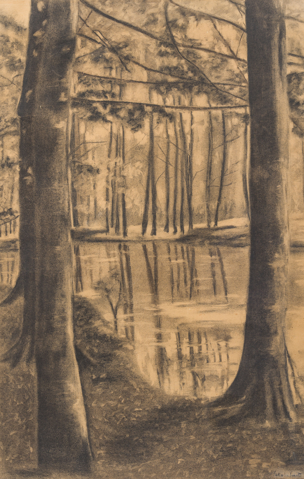 Jakob Smits (1855-1928, attribu&eacute; &agrave;): Paysage forestier, fusain sur papier