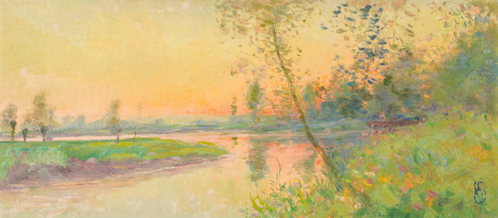 Edmond Verstraeten (1870-1956): Rivierlandschap bij een ondergaande zomerzon, olie op doek