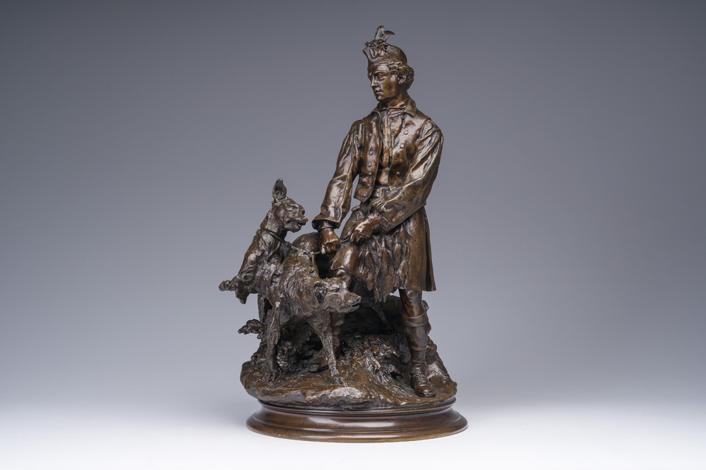 Pierre-Jules M&egrave;ne (1810-1879): Hunting companion with his dogs, brown patinated bronze