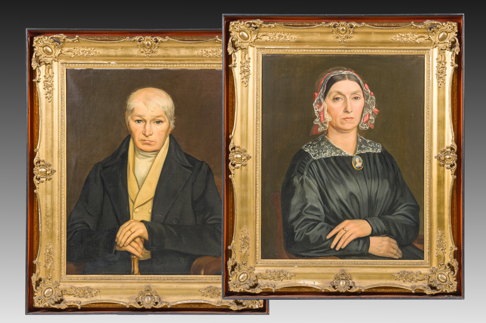 &Eacute;cole belge, attribu&eacute; &agrave; Jozef Quisthoudt (1883-1953): Double portrait de Michel Collet et Albertine Laboruer, huile sur toile, 20&egrave;me si&egrave;cle