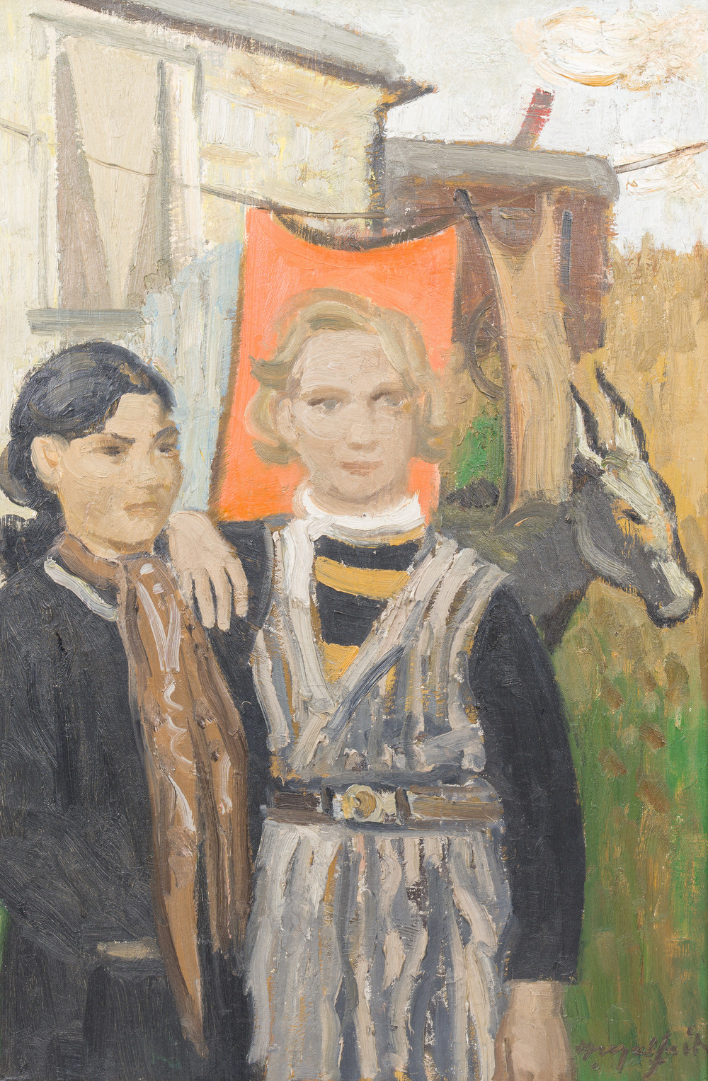 Hubert Malfait (1898-1971): Twee woonwagenbewoners en een ezel in een landschap, olie op doek
