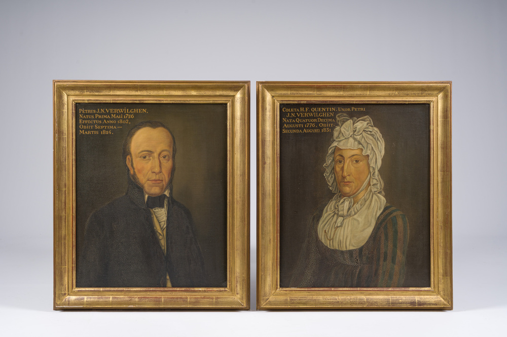 Ecole belge: Double portrait de Petrus Jacobus Nicolaes Verwilghen et Coleta Francisca Antonia Quentin, huile sur panneau, 19&egrave;me si&egrave;cle