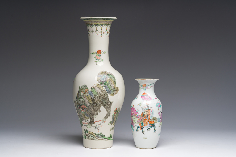 A Chinese rose-verte vase with Buddhist lions and applied floral design and a famille rose vase, 19th C.