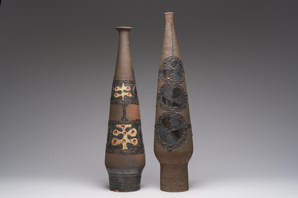 Two partly polychrome glazed terracotta tapered vases, Perignem, second half of the 20th C.