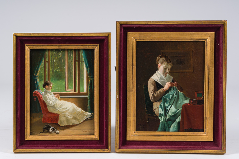 Louis Lampe (1840-?): La couturi&egrave;re &amp; la tricoteuse, huile sur panneau