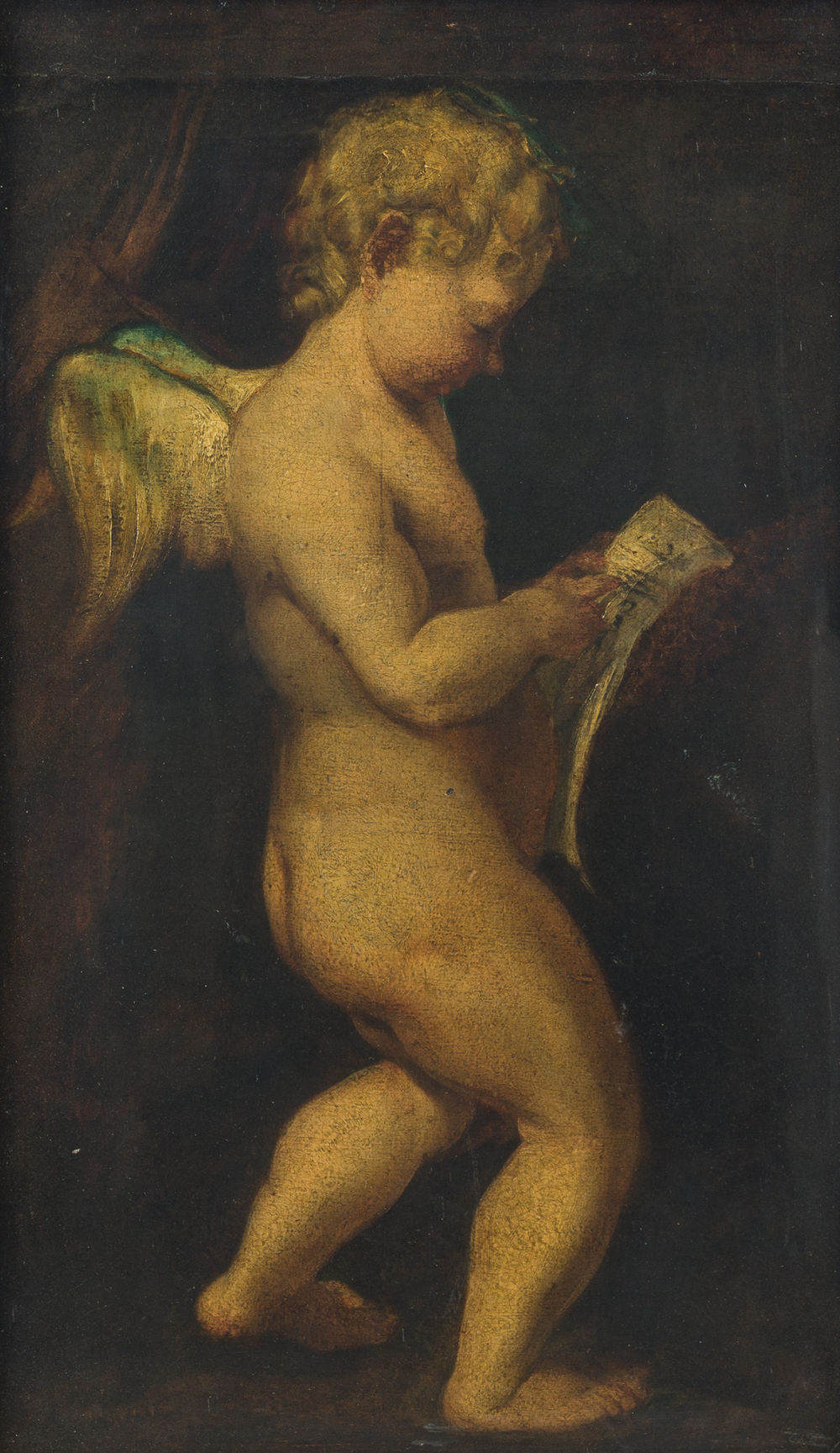 Flemish school, follower of Antonio Allegri da Correggio (1489-1534): Reading Amor, oil on board, 17th C.