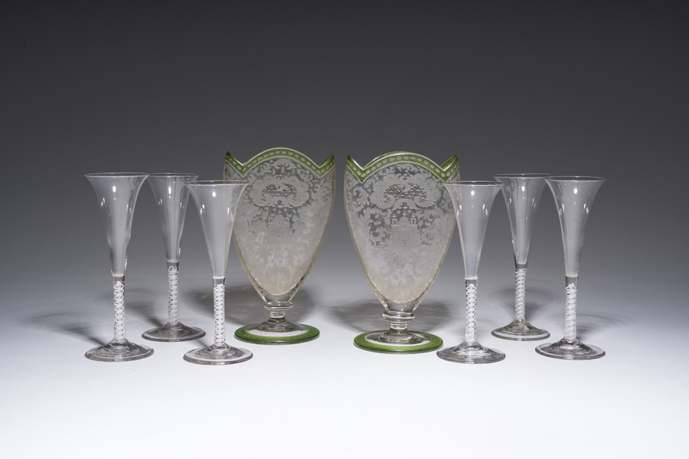 Six Dutch twisted stem glasses and a pair of vases with engraved design, 18th/19th C.