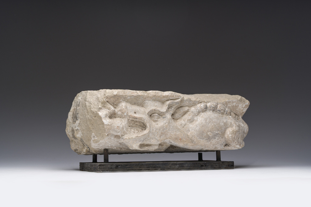 An architectural Balegem limestone fragment with a dragon, probably Flanders, 15th/16th C.