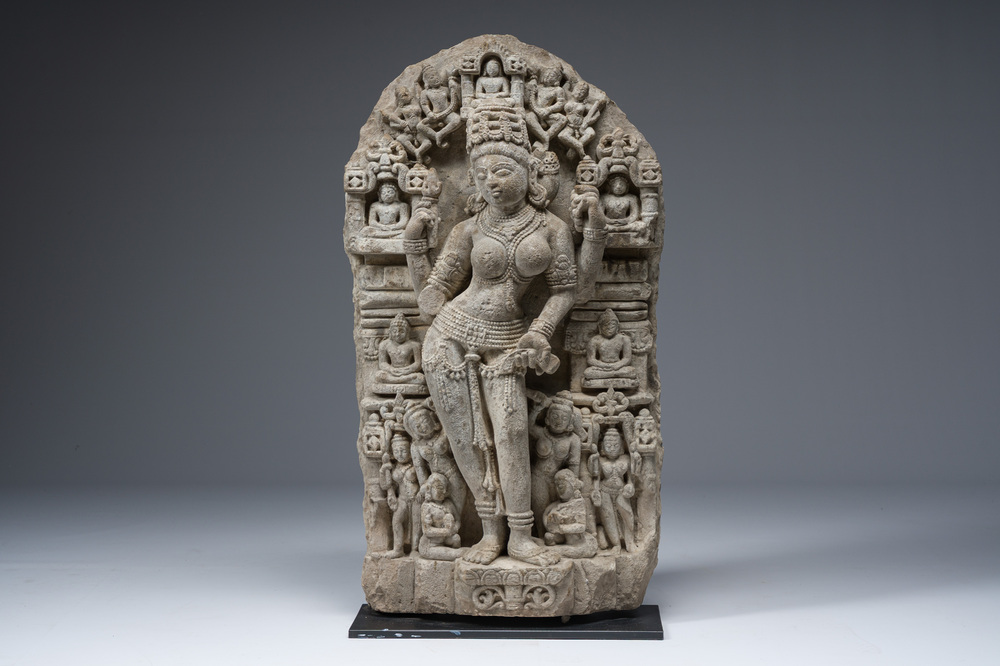 A fine Indian grey sandstone stele depicting Parvati, probably east-India, Pala period, 11th/12th C.