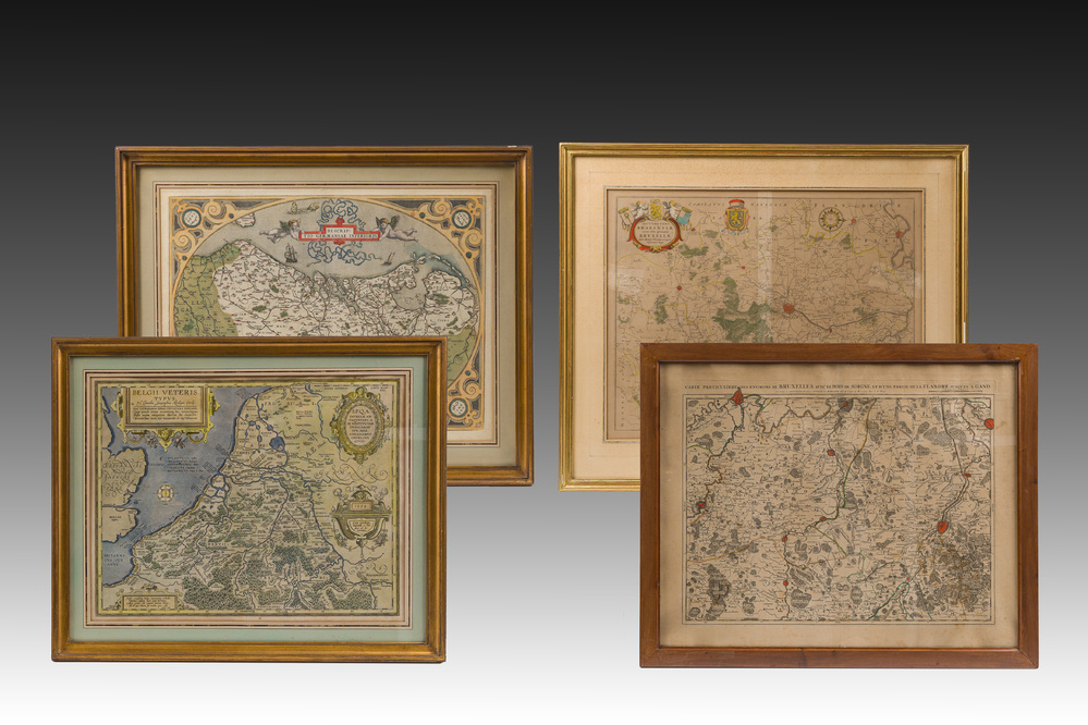 Four hand coloured engraved maps of Belgium, 16th/18th C.