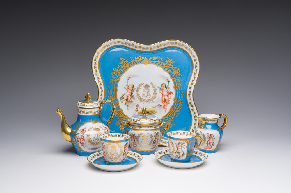 A French blue ground S&egrave;vres style t&ecirc;te-&agrave;-t&ecirc;te two-persons tea service, 19th C.