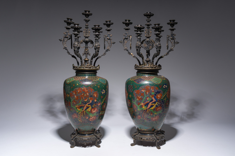A pair of Japanese cloisonn&eacute; vases with French partly gilt bronze chinoiserie candelabra mounts, 19th C.