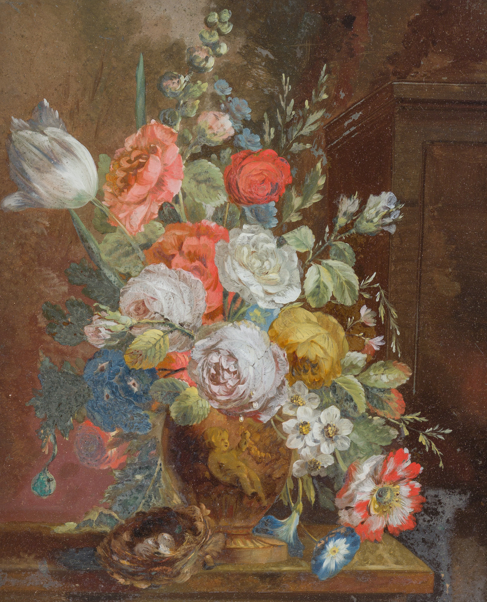 European school: Flower still life with a bird's nest, reverse glass painting, mid 19th C.