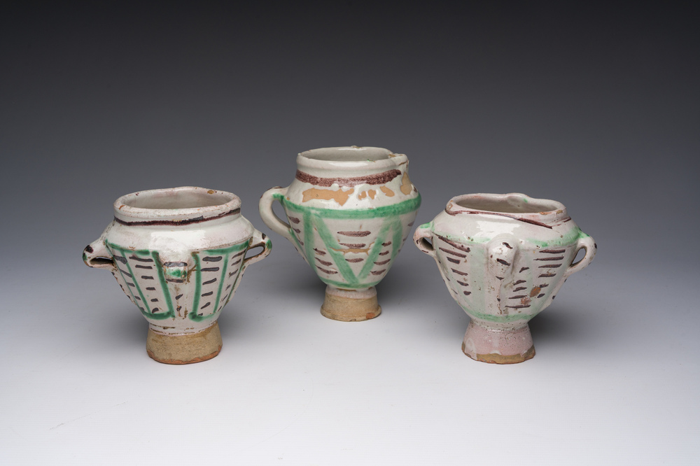 Three polychrome Spanish pottery mortars, Teruel, 17th/18th C.
