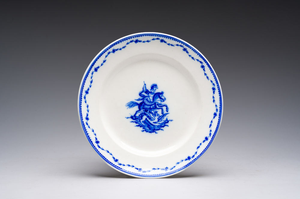 A blue and white Tournai porcelain Saint-George and the dragon plate, 19th C.