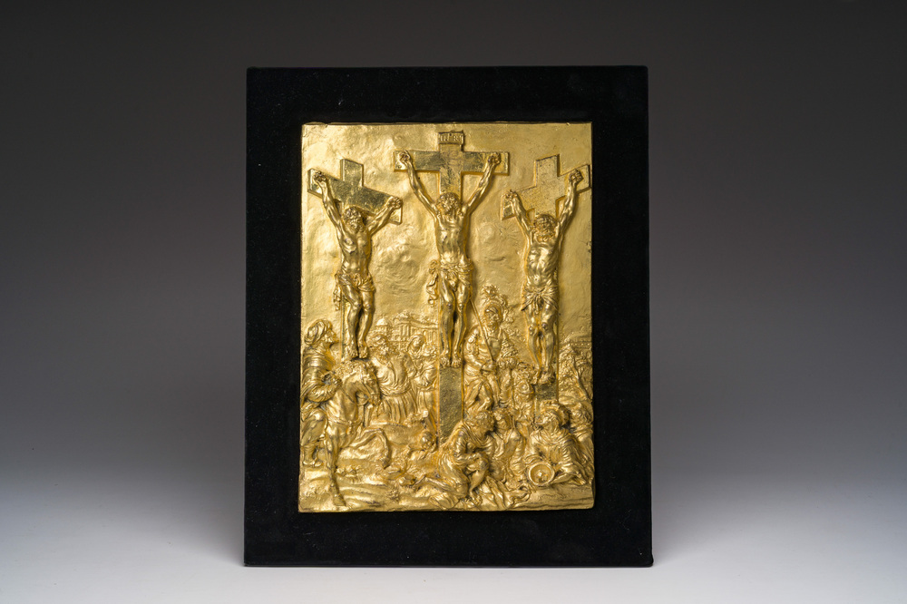 A gilt bronze 'Crucifixion' relief, probably Germany, 17th C.