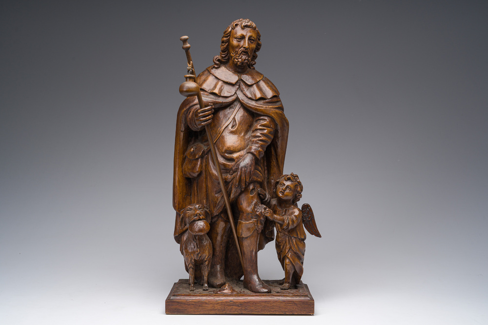 A Flemish chestnut 'Saint Roch' sculpture, 18th C.