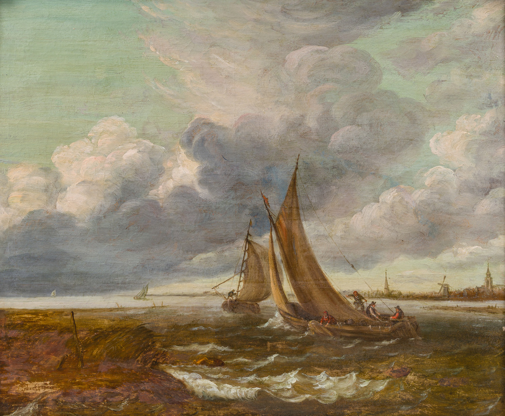 Dutch school, in the manner of Ludolf Bakhuizen (1630-1708): Fishermen busy at work, oil on panel, 17th C.