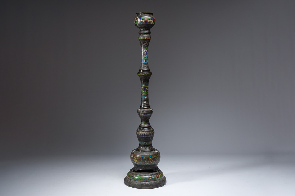 A large Japanese bronze and champlev&eacute; torch&egrave;re, Meiji, ca. 1900