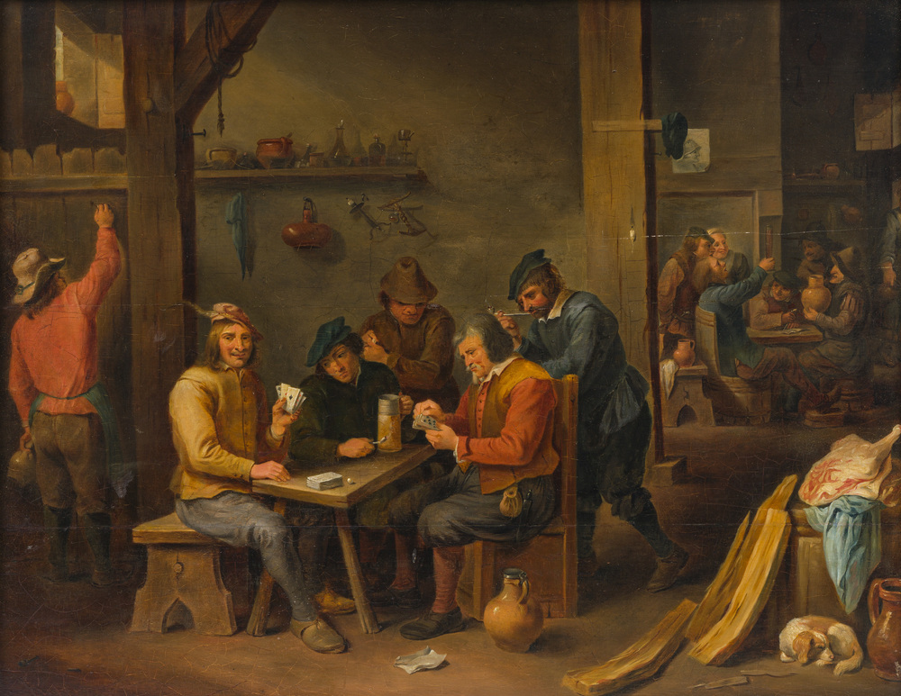 Flemish school, follower of David Teniers (1610-1690): Fun in the inn, oil on panel, 19th C.