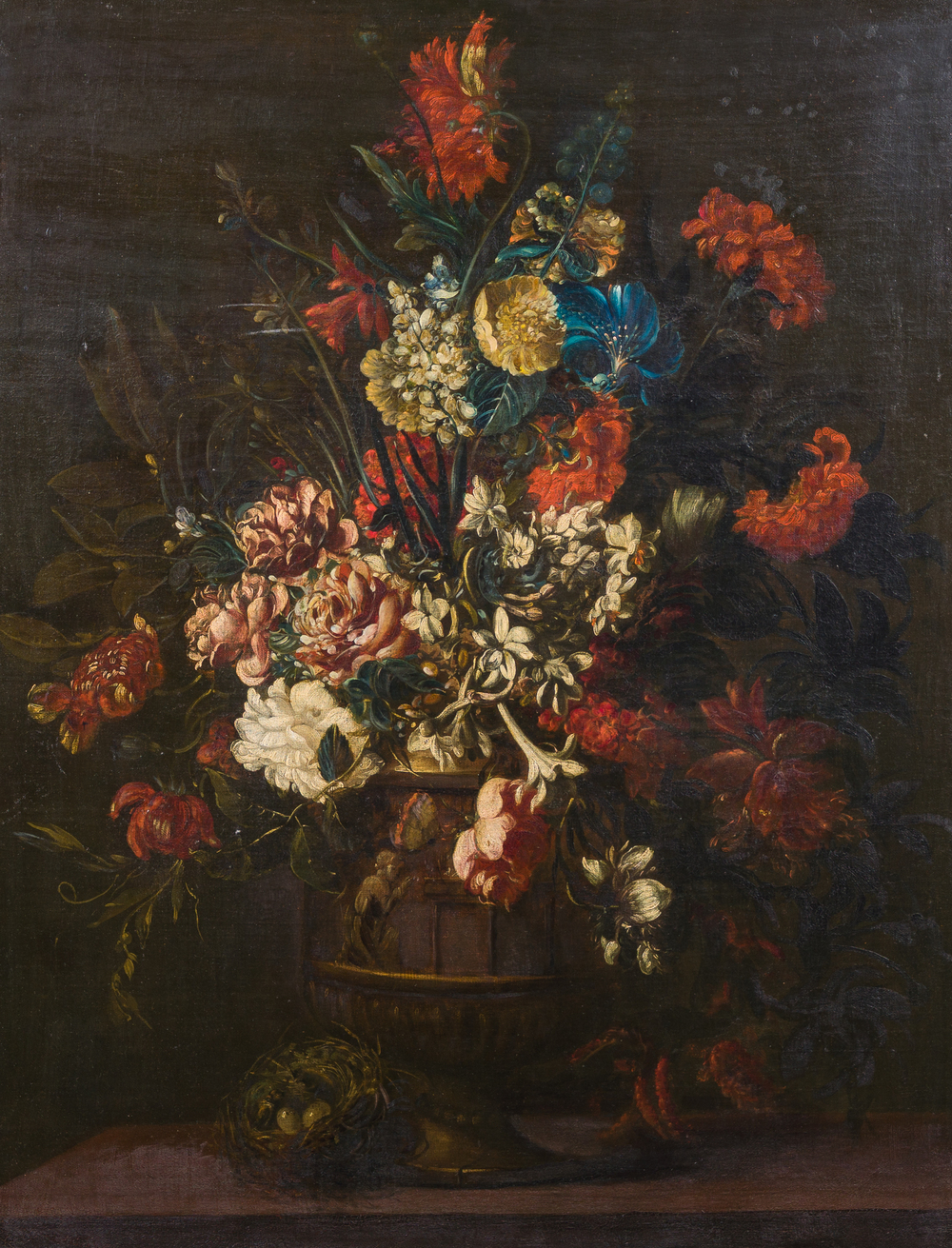 Jan Baptist Bosschaert (1667-1746, attribu&eacute; &agrave;): Fleurs dans un vase sur un socle, huile sur toile, 18&egrave;me si&egrave;cle