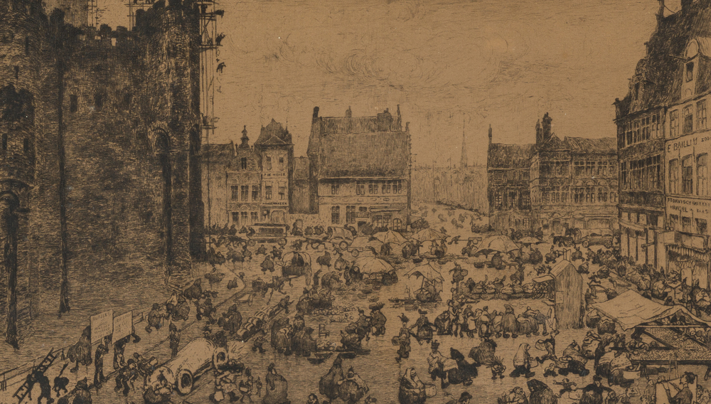 Jules De Bruycker (1870-1945): 'Place Pharailde Gand' (The Veerleplein), etching, [1906]