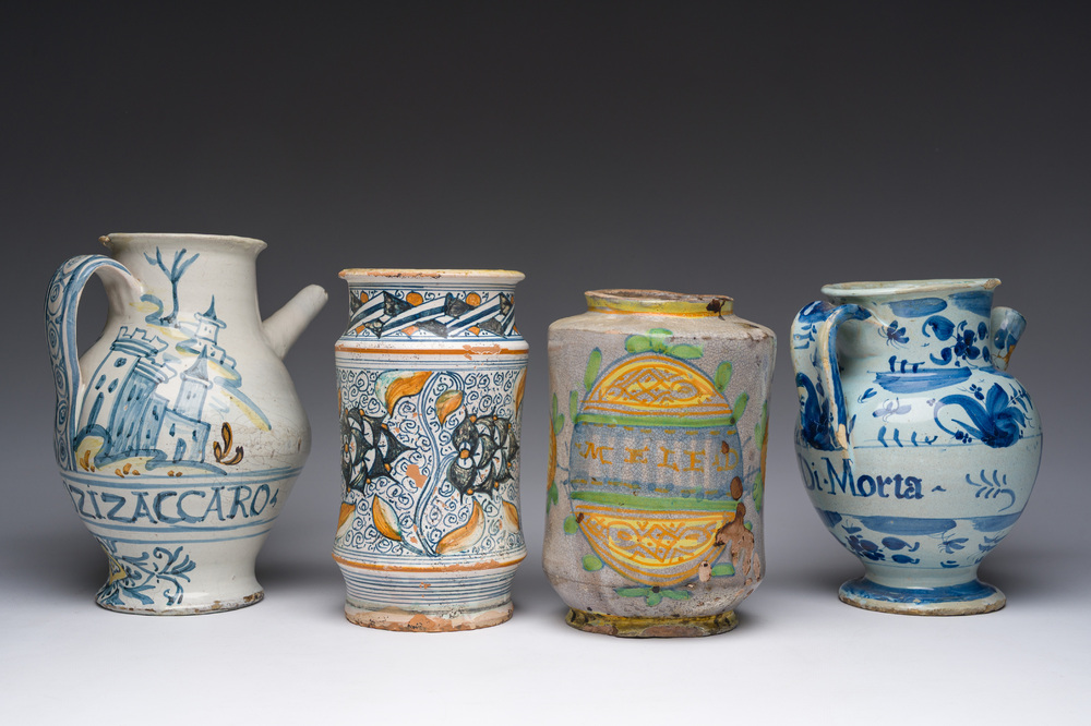 Four blue, white and polychrome Italian maiolica drug jars, 17th C. and later
