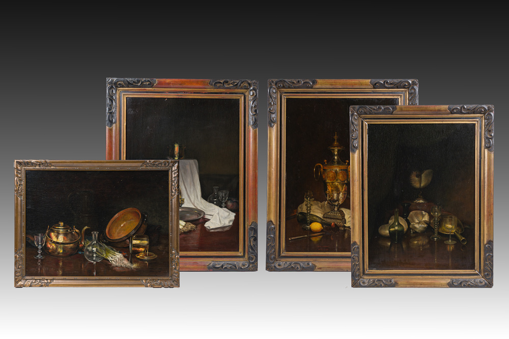 Edouard Van Speybrouck (1845-1928): Quatre natures mortes avec verres et vaisselle, huile sur panneau, dat&eacute; 1913-1917