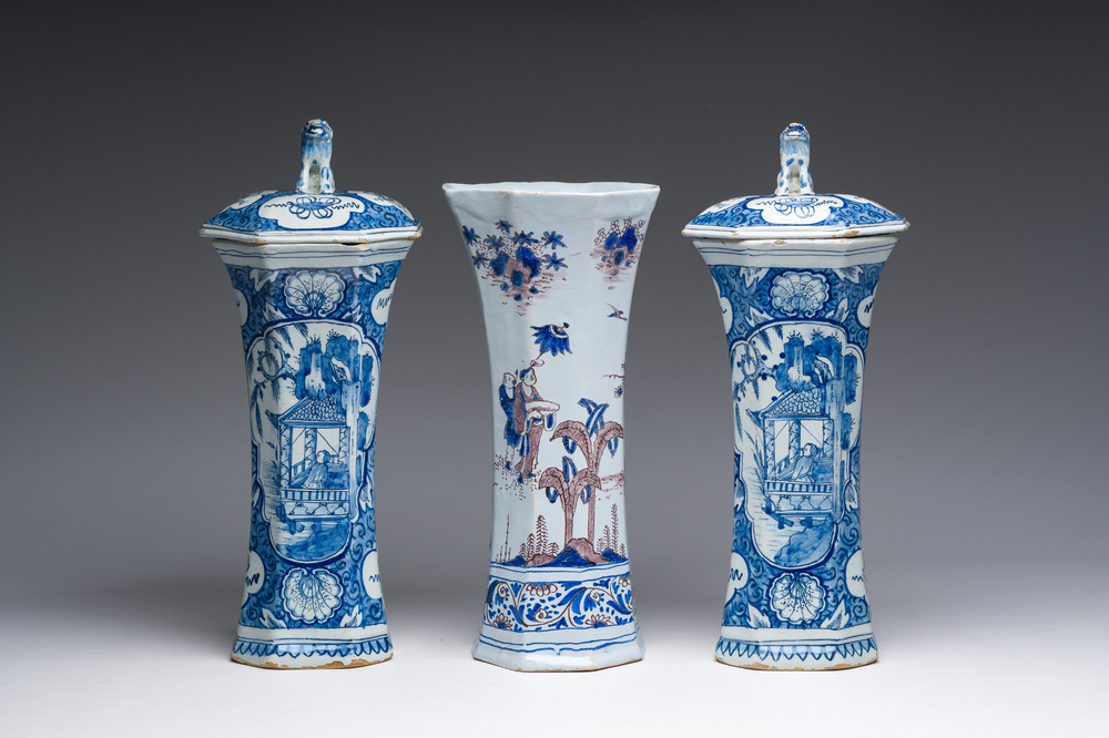 A pair of blue and white Dutch Delft covered vases and a blue, manganese and white chinoiserie vase, Nevers, 18th C.