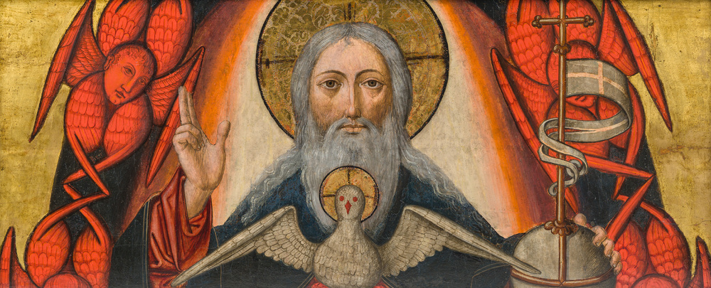 Spanish school, circle of Pedro Garc&iacute;a de Benavarre (15th C.): God the Father and the Holy Spirit surrounded by angels, oil on panel, ca. 1500