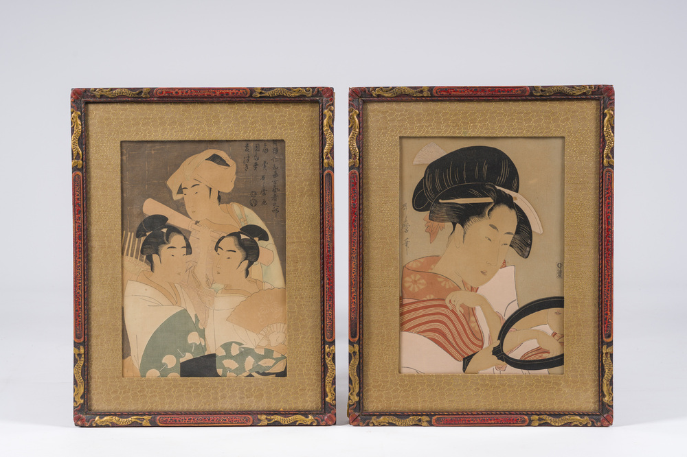 Kitagawa Utamaro (1753 - 1806, after): Two ukiyo-e woodblock prints in lacquered and gilt wooden frames