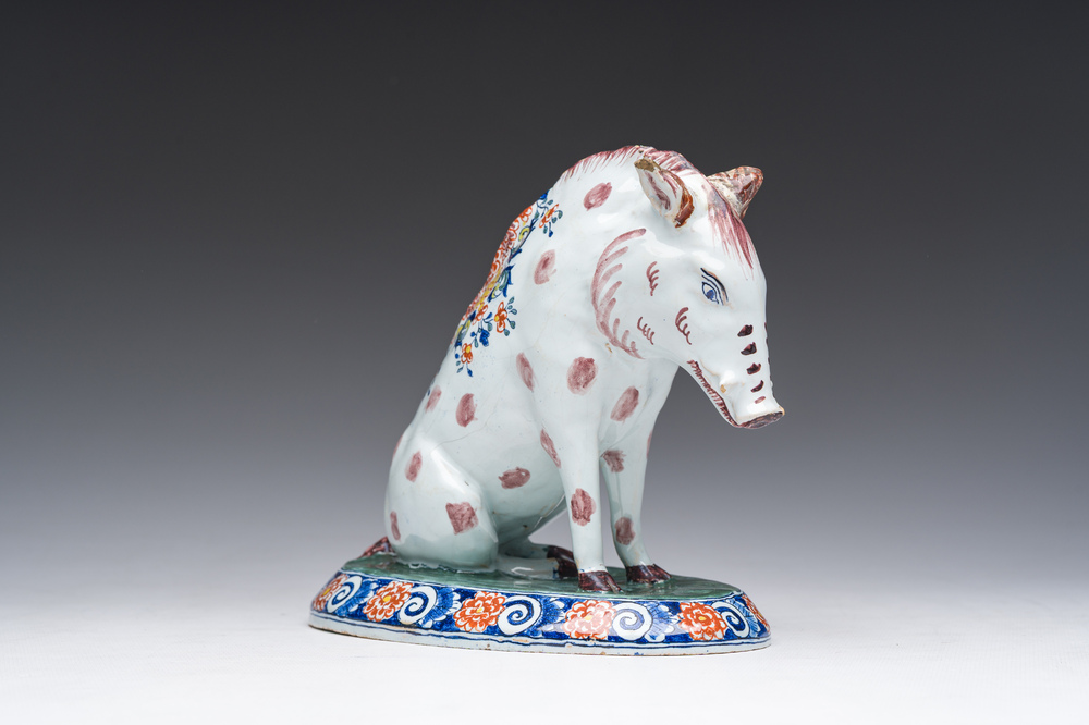 A polychrome Delftware model of a boar, probably Desvres, France, 19th C.
