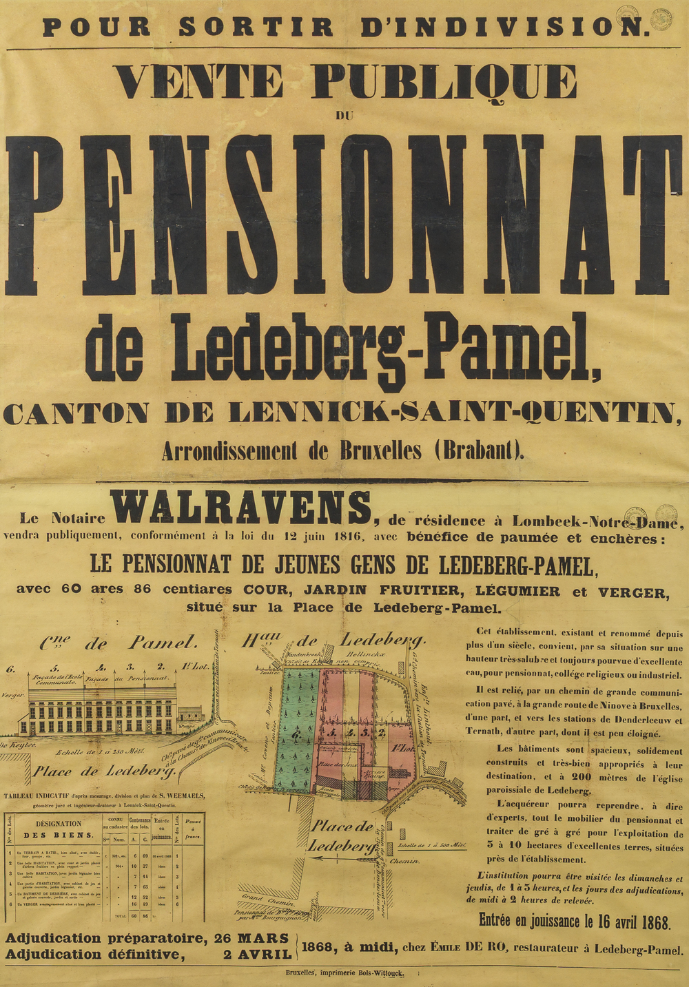 A sales poster for the sale of the boarding school Ledeberg-Pamel nearby Roosdaal, 1868
