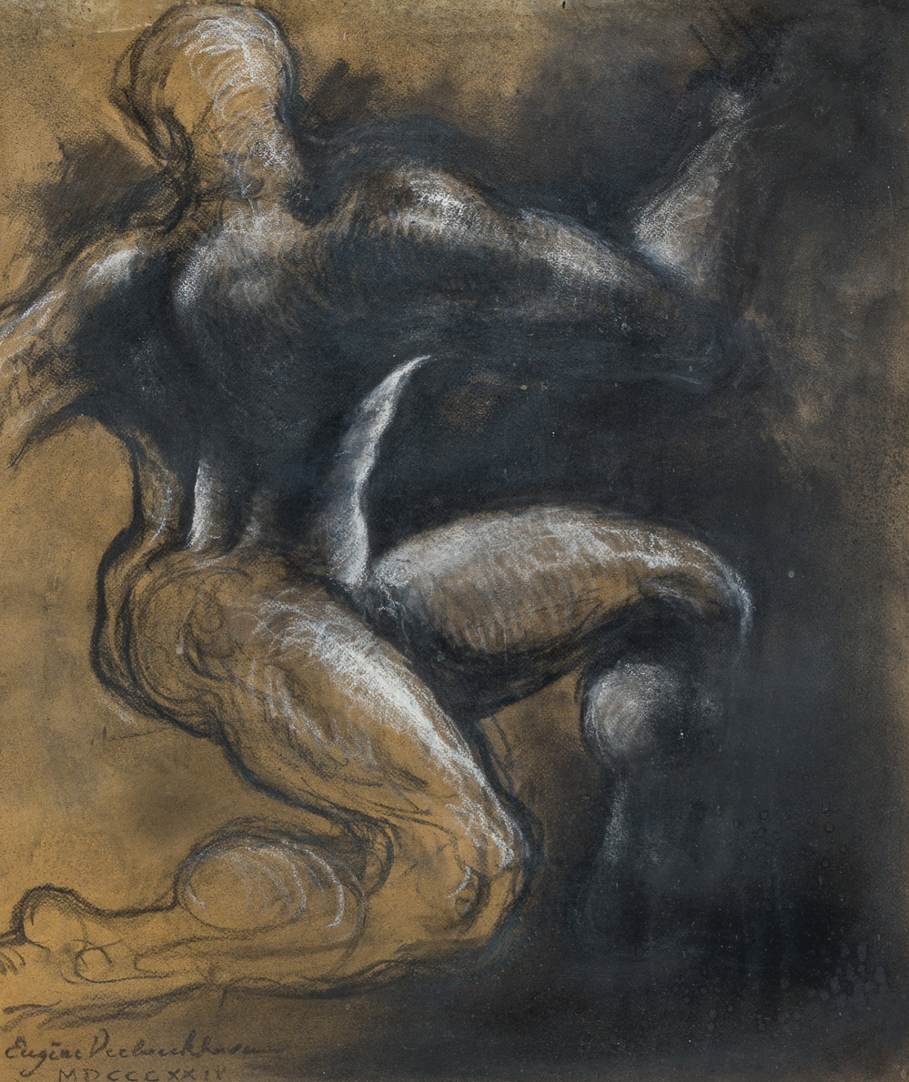 Eug&egrave;ne Verboeckhoven (1798-1881): Etude acad&eacute;mique ('Homme nu agenouill&eacute;'), techniques mixtes sur papier, dat&eacute; 1824