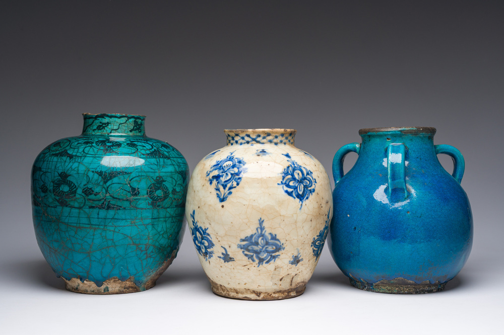 Three blue, white and turquoise Persian Qajar jars, 19th C.
