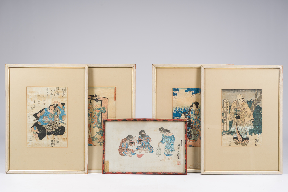 Japanese school: Five ukiyo-e woodblock prints, Edo/Meiji, 19th C.