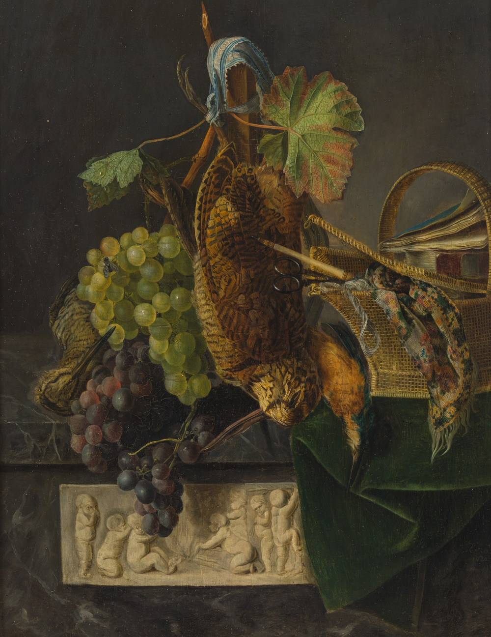 Ad&egrave;le Evrard (1792-1889): Nature morte de chausse aux raisins et volaille, huile sur panneau, dat&eacute; 1820