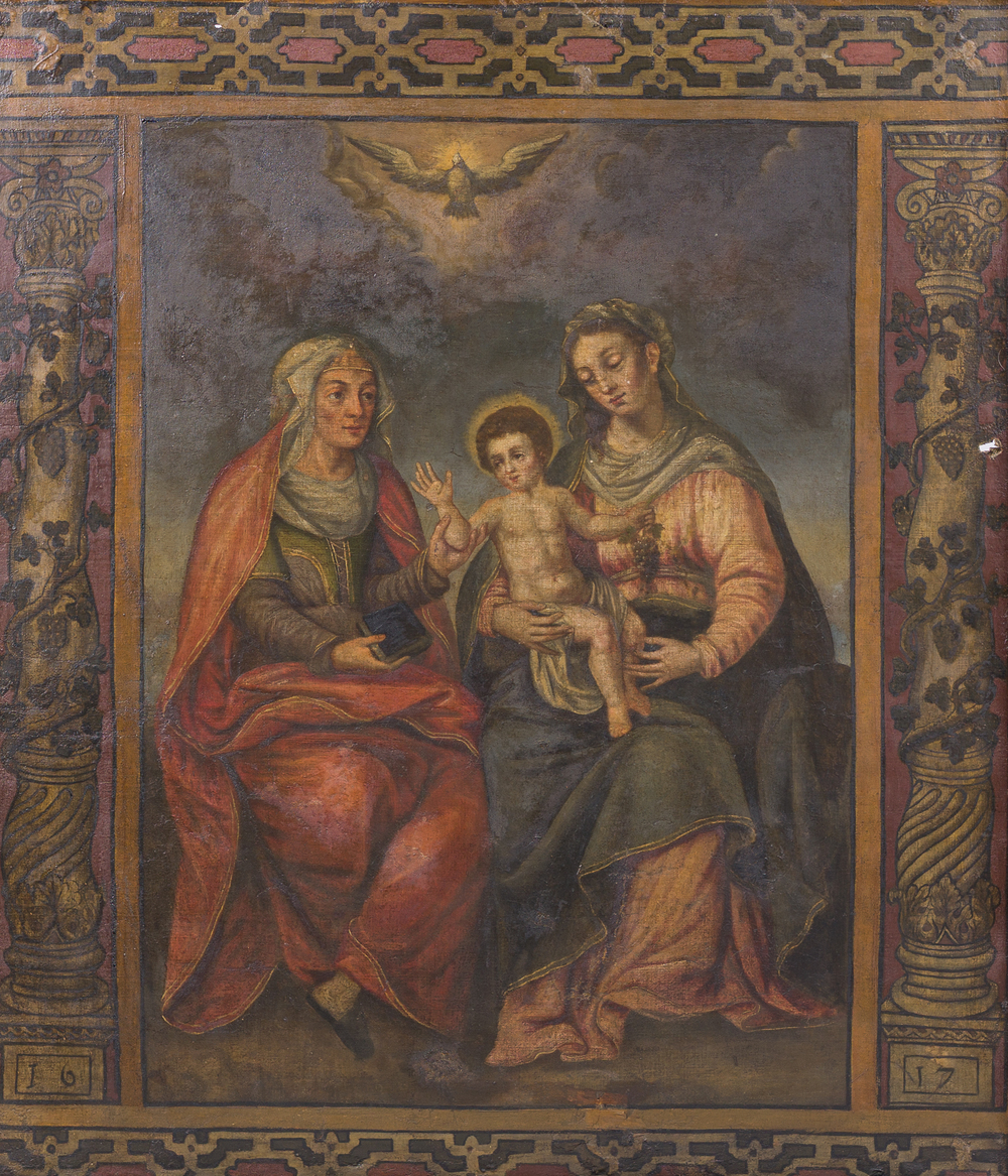 Flemish school: 'Holy Kinship' and 'Adoration of the Virgin by the donors', oil on canvas, dated 1617